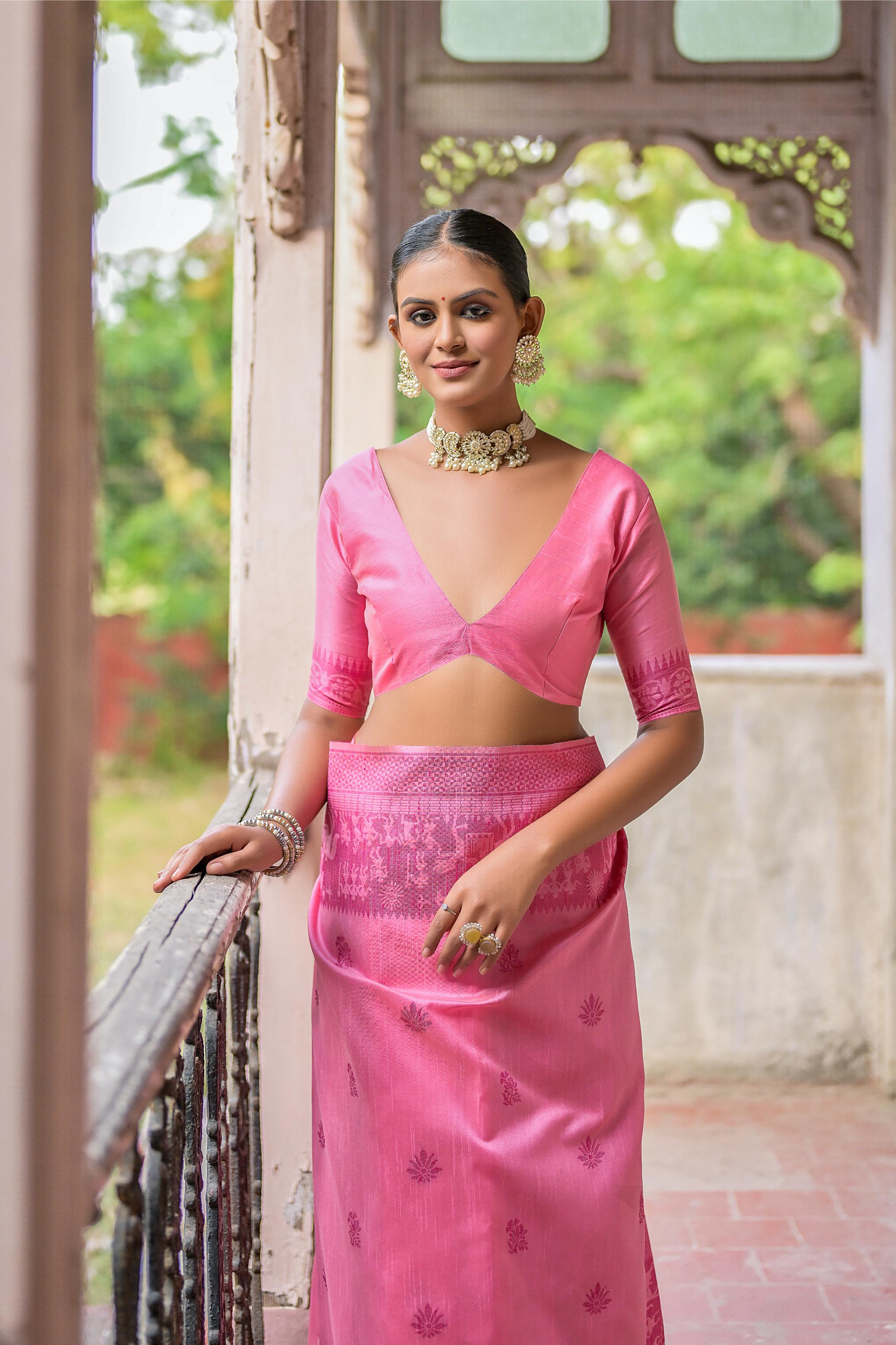 Jyoti Fashion Women's Pink Handloom Raw Silk Weaving Pallu Traditional Saree with Blouse