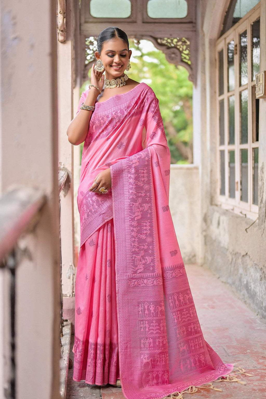 Jyoti Fashion Women's Pink Handloom Raw Silk Weaving Pallu Traditional Saree with Blouse