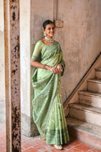 Jyoti Fashion Women's Pista Green Handloom Raw Silk Weaving Pallu Traditional Saree with Blouse