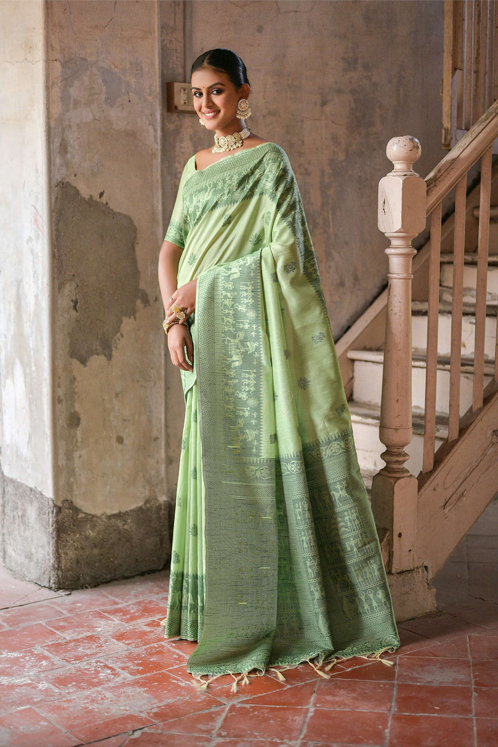 Jyoti Fashion Women's Pista Green Handloom Raw Silk Weaving Pallu Traditional Saree with Blouse