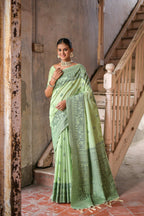 Jyoti Fashion Women's Pista Green Handloom Raw Silk Weaving Pallu Traditional Saree with Blouse