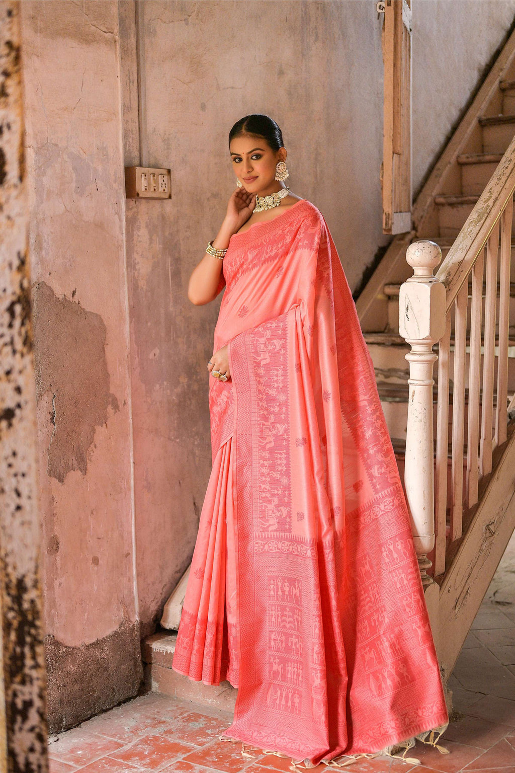 Jyoti Fashion Women's Coral Handloom Raw Silk Weaving Pallu Traditional Saree with Blouse