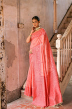 Jyoti Fashion Women's Coral Handloom Raw Silk Weaving Pallu Traditional Saree with Blouse