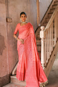 Jyoti Fashion Women's Coral Handloom Raw Silk Weaving Pallu Traditional Saree with Blouse