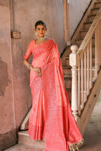 Jyoti Fashion Women's Coral Handloom Raw Silk Weaving Pallu Traditional Saree with Blouse
