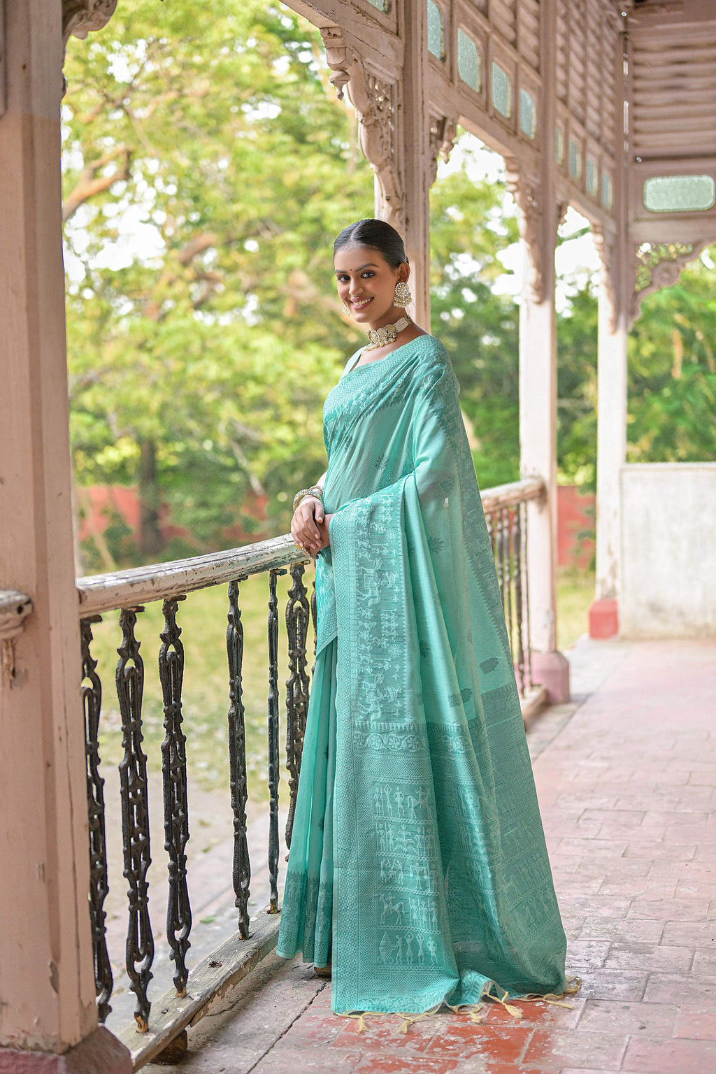 Jyoti Fashion Women's Sea Green Handloom Raw Silk Weaving Pallu Traditional Saree with Blouse