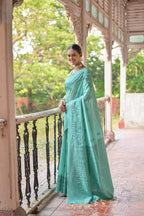 Jyoti Fashion Women's Sea Green Handloom Raw Silk Weaving Pallu Traditional Saree with Blouse