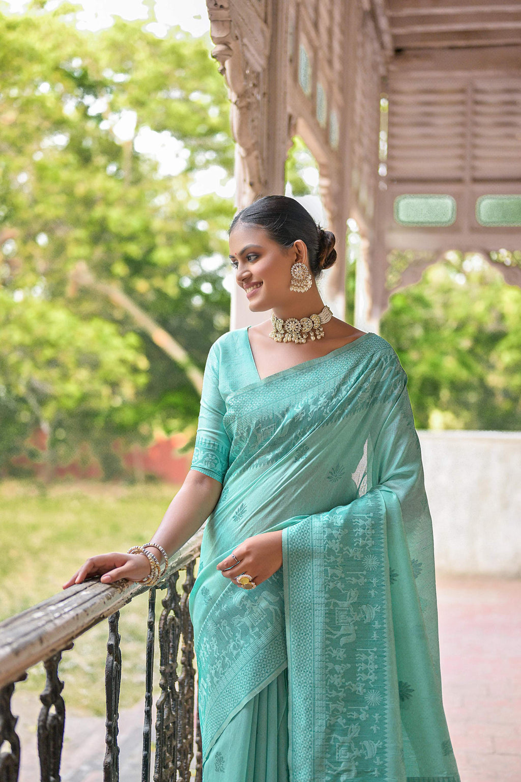 Jyoti Fashion Women's Sea Green Handloom Raw Silk Weaving Pallu Traditional Saree with Blouse