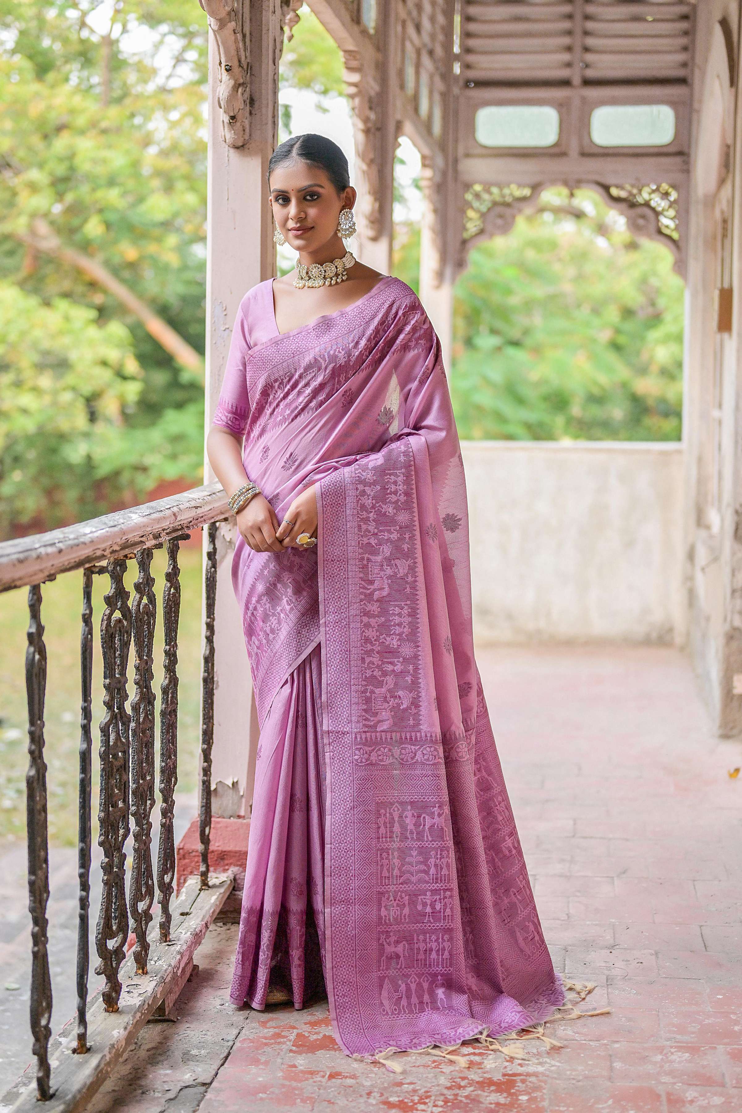 Jyoti Fashion Women's Purple Handloom Raw Silk Weaving Pallu Traditional Saree with Blouse