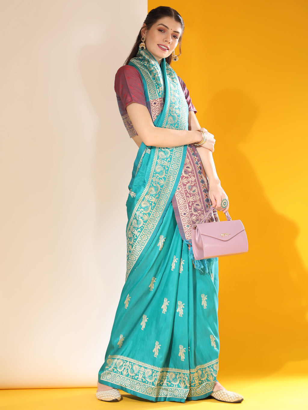 Jyoti Fashion Women's Firozi Soft Raw Silk Tow Tone Weaving Traditional Saree with Blouse
