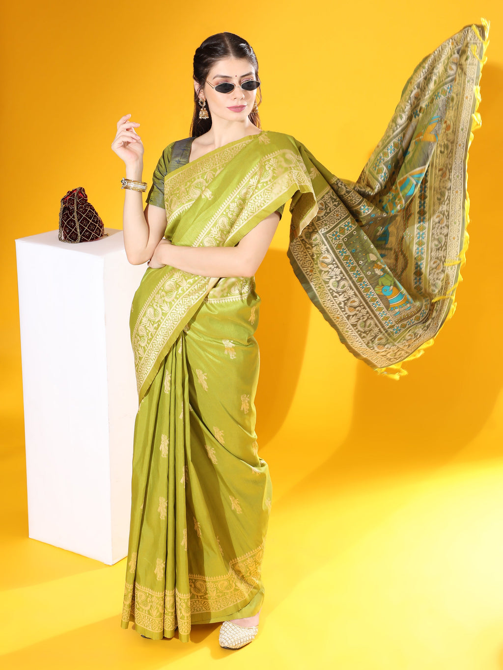 Jyoti Fashion Women's Mehendi Soft Raw Silk Tow Tone Weaving Traditional Saree with Blouse