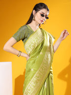 Jyoti Fashion Women's Mehendi Soft Raw Silk Tow Tone Weaving Traditional Saree with Blouse