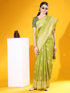 Jyoti Fashion Women's Mehendi Soft Raw Silk Tow Tone Weaving Traditional Saree with Blouse