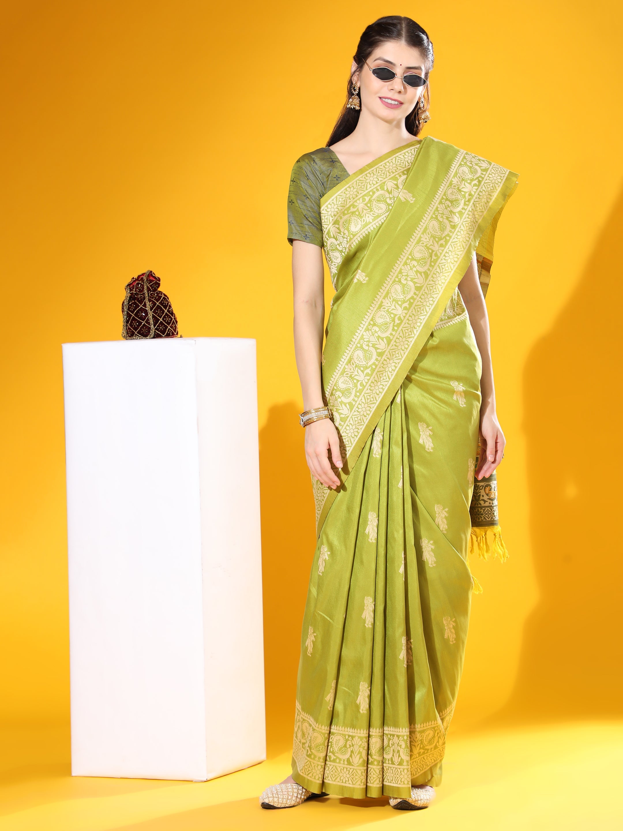 Jyoti Fashion Women's Mehendi Soft Raw Silk Tow Tone Weaving Traditional Saree with Blouse