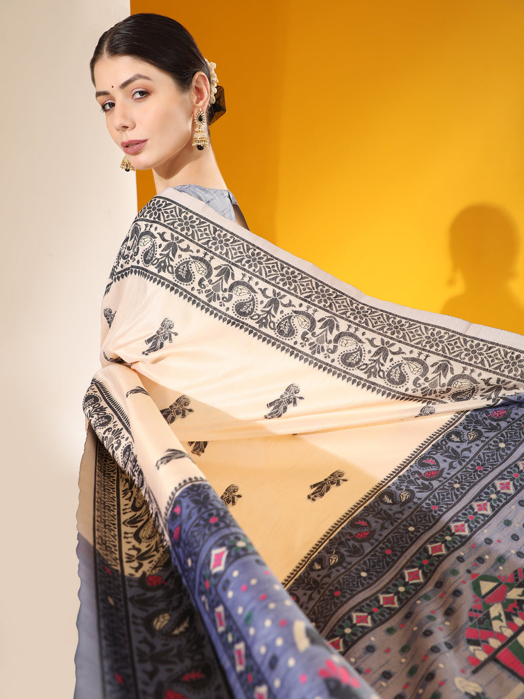 Jyoti Fashion Women's Off White Soft Raw Silk Tow Tone Weaving Traditional Saree with Blouse