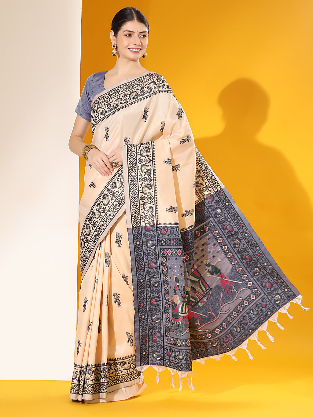 Jyoti Fashion Women's Off White Soft Raw Silk Tow Tone Weaving Traditional Saree with Blouse