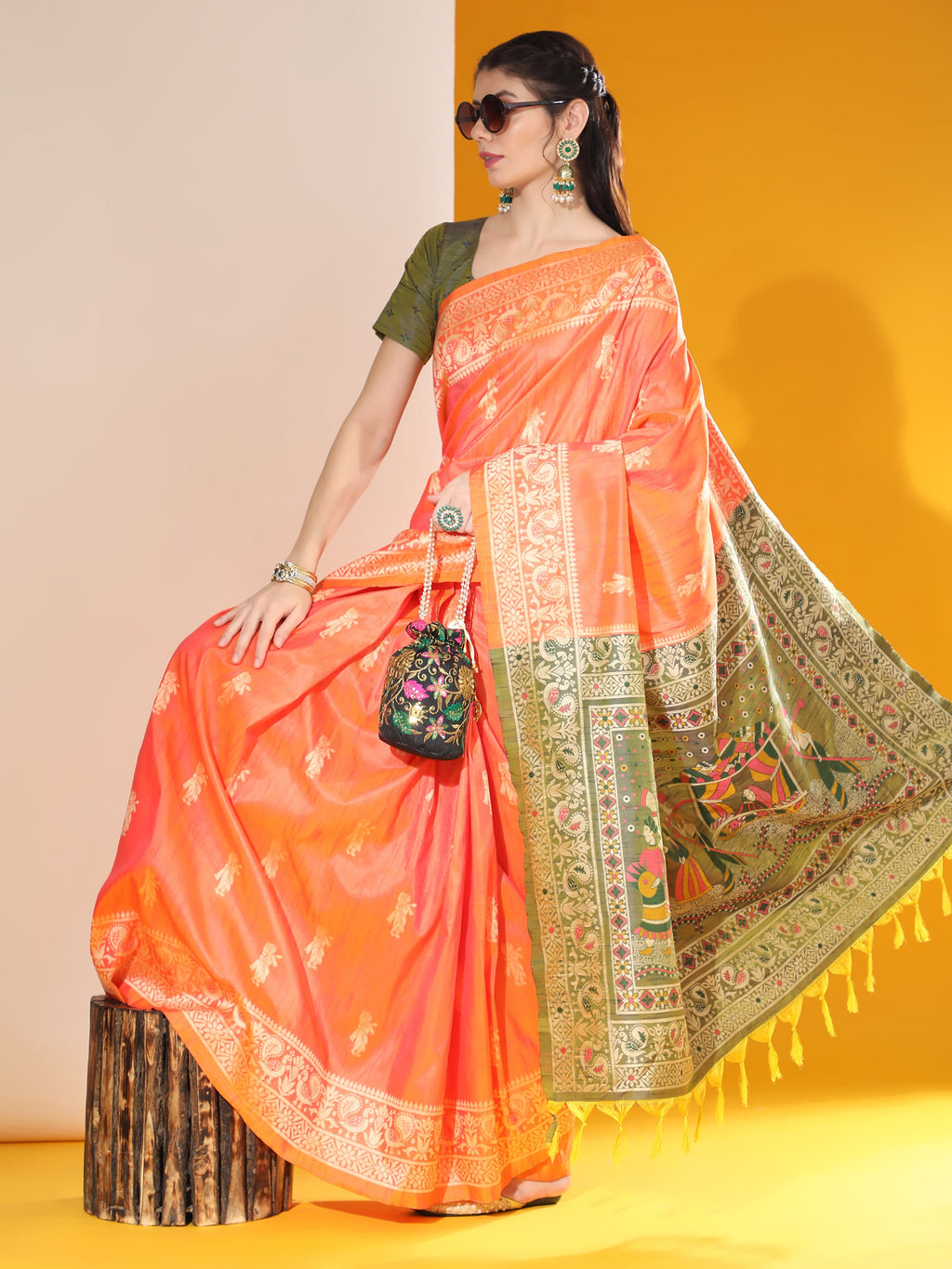 Jyoti Fashion Women's Orange Soft Raw Silk Tow Tone Weaving Traditional Saree with Blouse