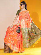 Jyoti Fashion Women's Orange Soft Raw Silk Tow Tone Weaving Traditional Saree with Blouse