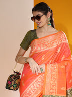 Jyoti Fashion Women's Orange Soft Raw Silk Tow Tone Weaving Traditional Saree with Blouse