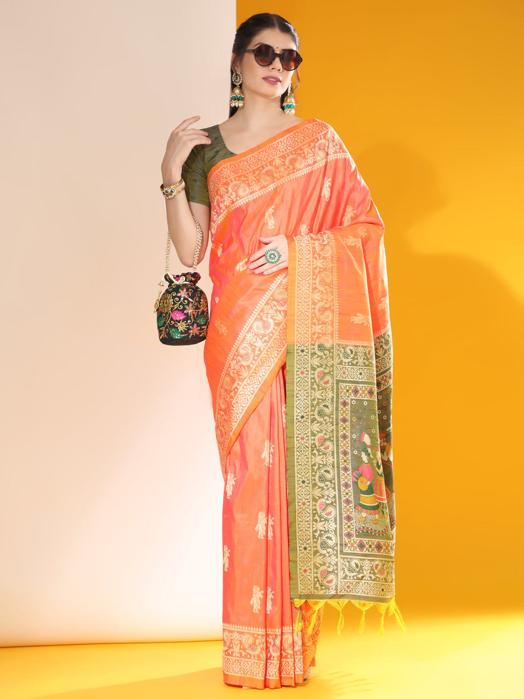 Jyoti Fashion Women's Orange Soft Raw Silk Tow Tone Weaving Traditional Saree with Blouse