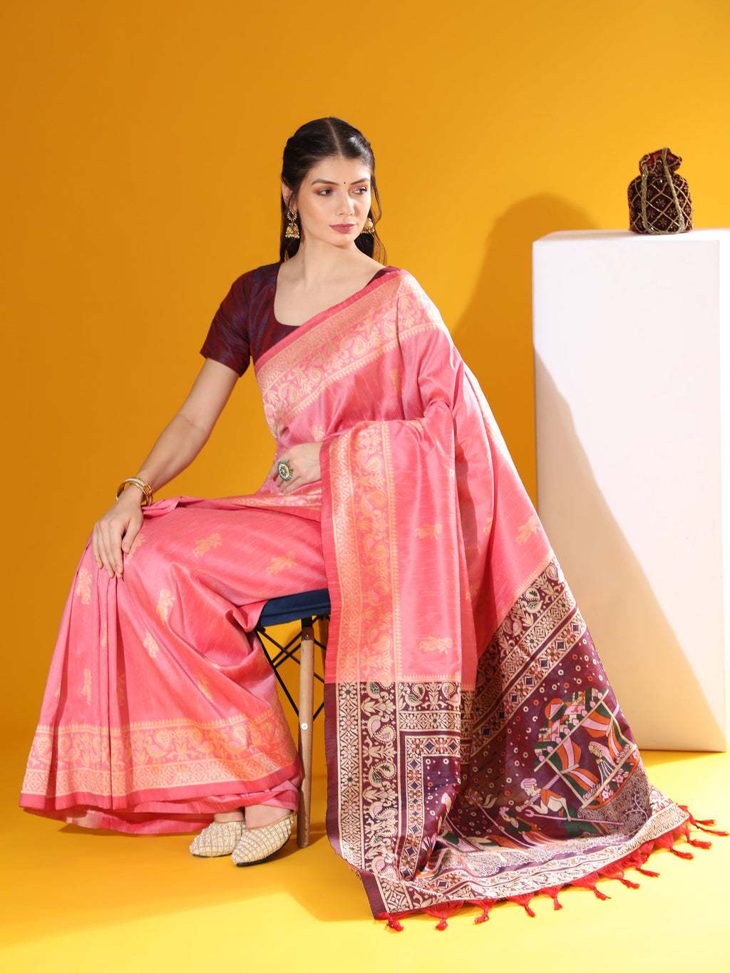 Jyoti Fashion Women's Pink Soft Raw Silk Tow Tone Weaving Traditional Saree with Blouse