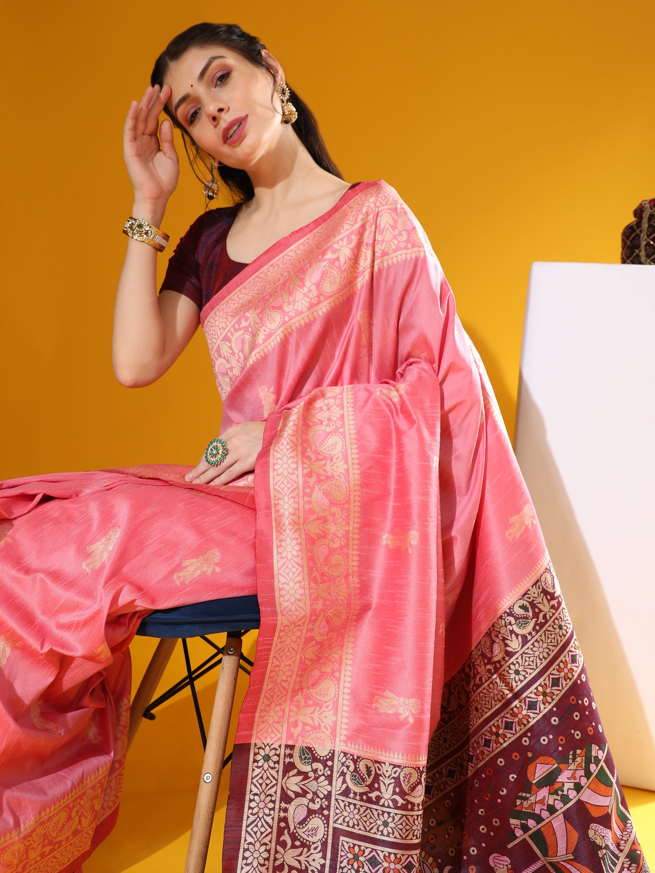 Jyoti Fashion Women's Pink Soft Raw Silk Tow Tone Weaving Traditional Saree with Blouse