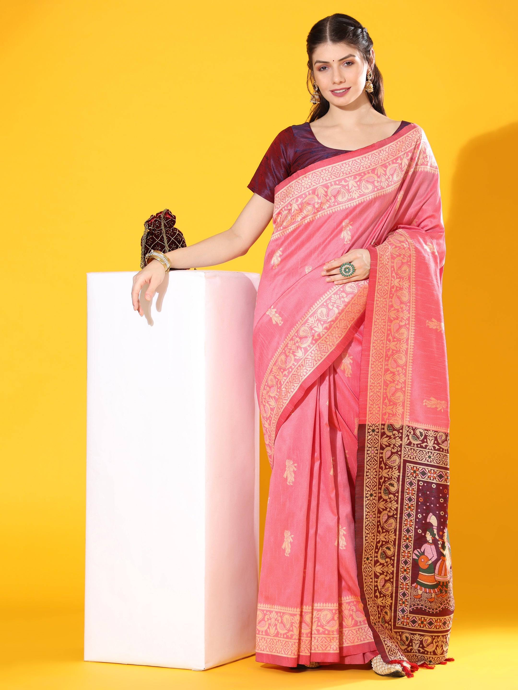 Jyoti Fashion Women's Pink Soft Raw Silk Tow Tone Weaving Traditional Saree with Blouse