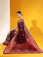 Jyoti Fashion Women's Wine Soft Raw Silk Tow Tone Weaving Traditional Saree with Blouse