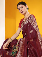 Jyoti Fashion Women's Wine Soft Raw Silk Tow Tone Weaving Traditional Saree with Blouse