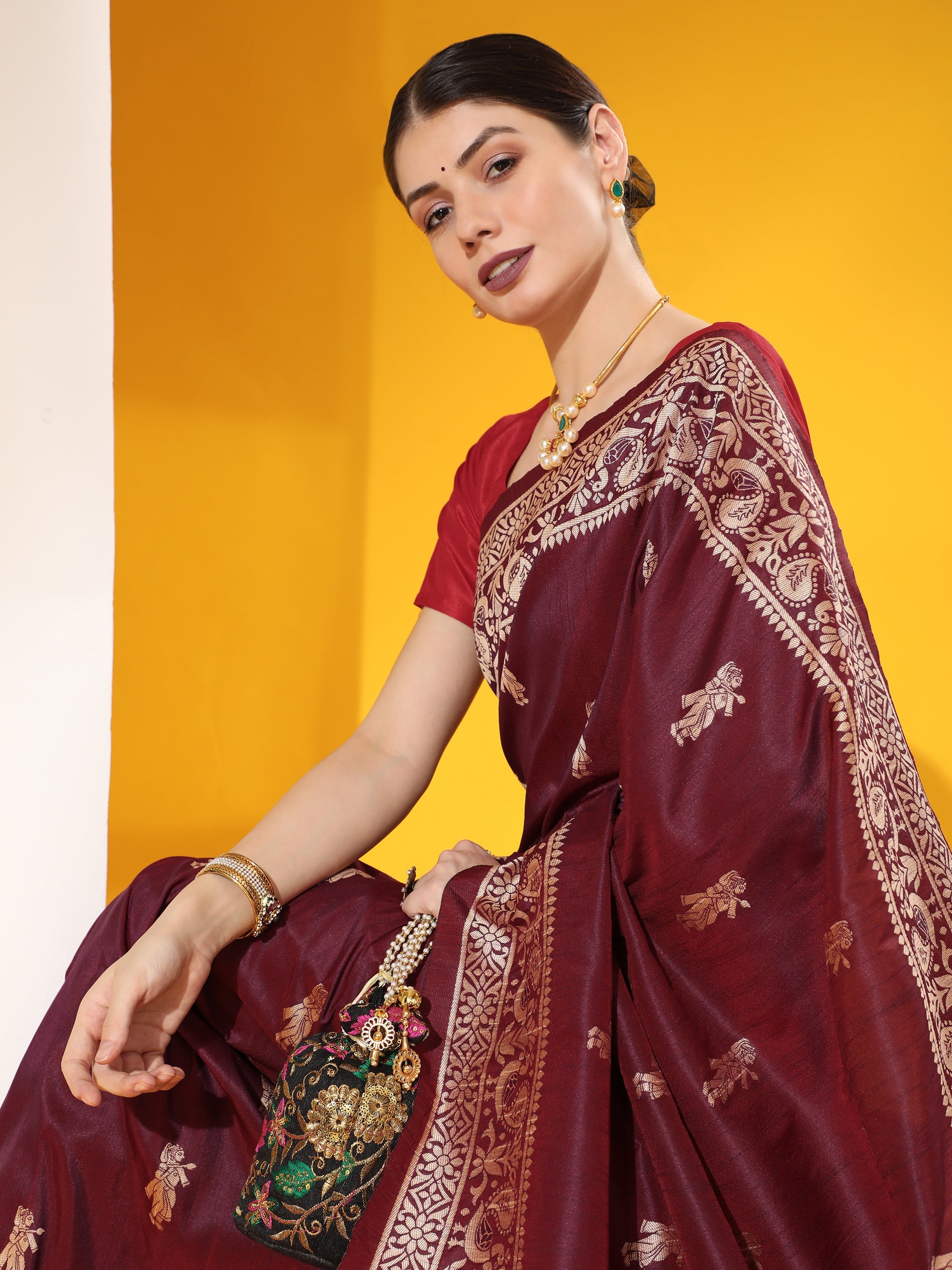 Jyoti Fashion Women's Wine Soft Raw Silk Tow Tone Weaving Traditional Saree with Blouse