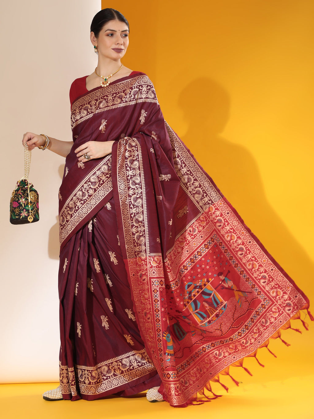 Jyoti Fashion Women's Wine Soft Raw Silk Tow Tone Weaving Traditional Saree with Blouse