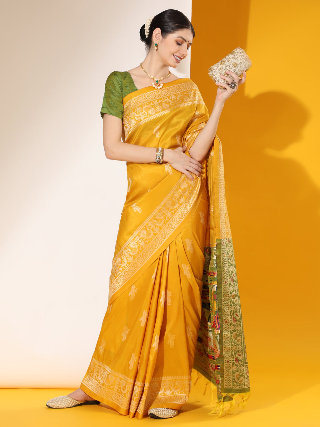 Jyoti Fashion Women's Yellow Soft Raw Silk Tow Tone Weaving Traditional Saree with Blouse