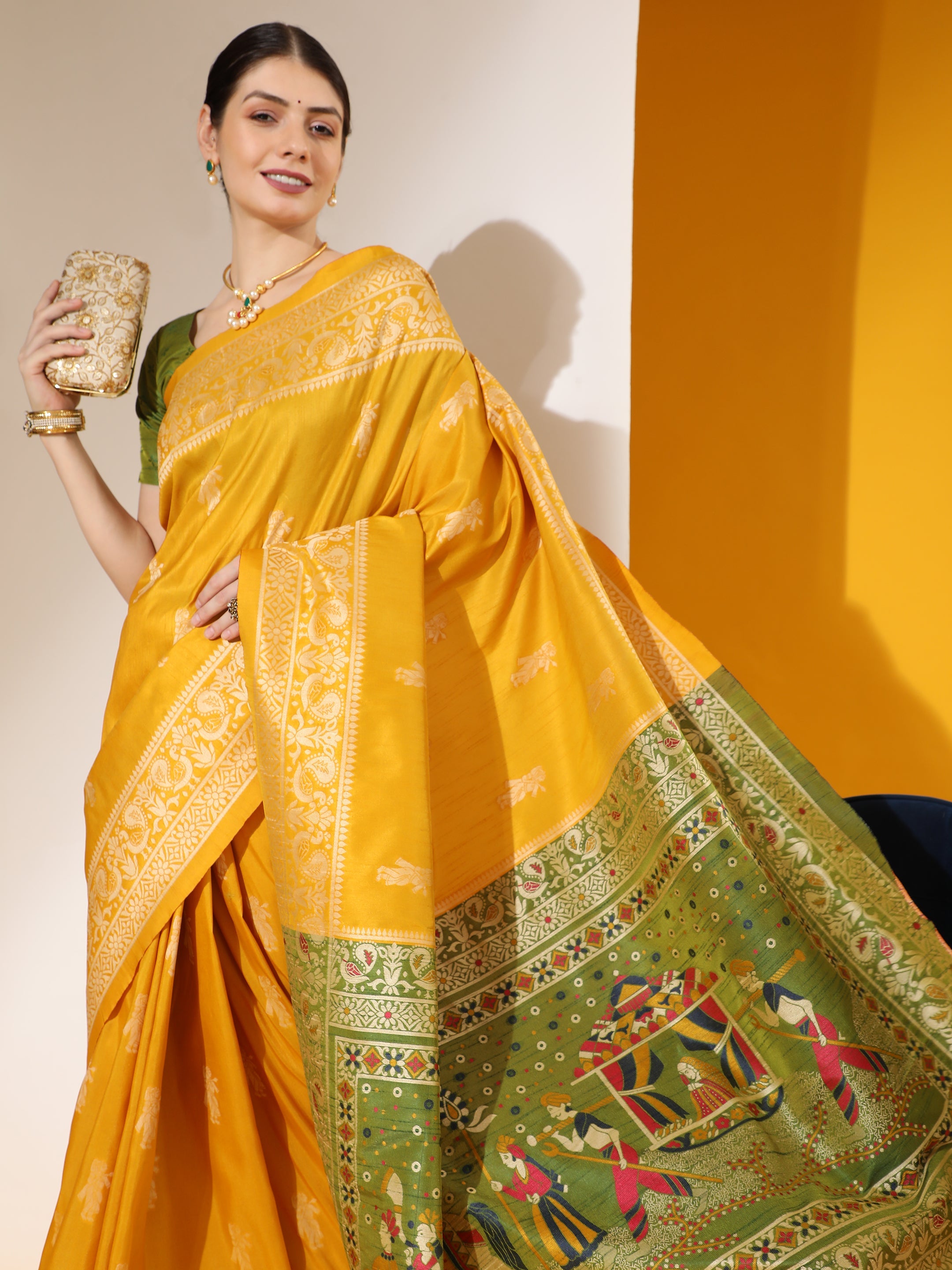 Jyoti Fashion Women's Yellow Soft Raw Silk Tow Tone Weaving Traditional Saree with Blouse