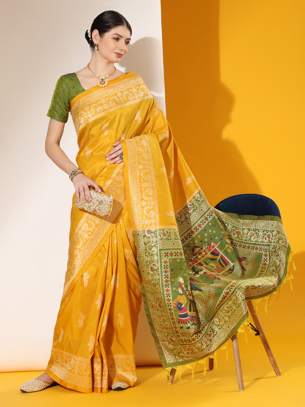 Jyoti Fashion Women's Yellow Soft Raw Silk Tow Tone Weaving Traditional Saree with Blouse