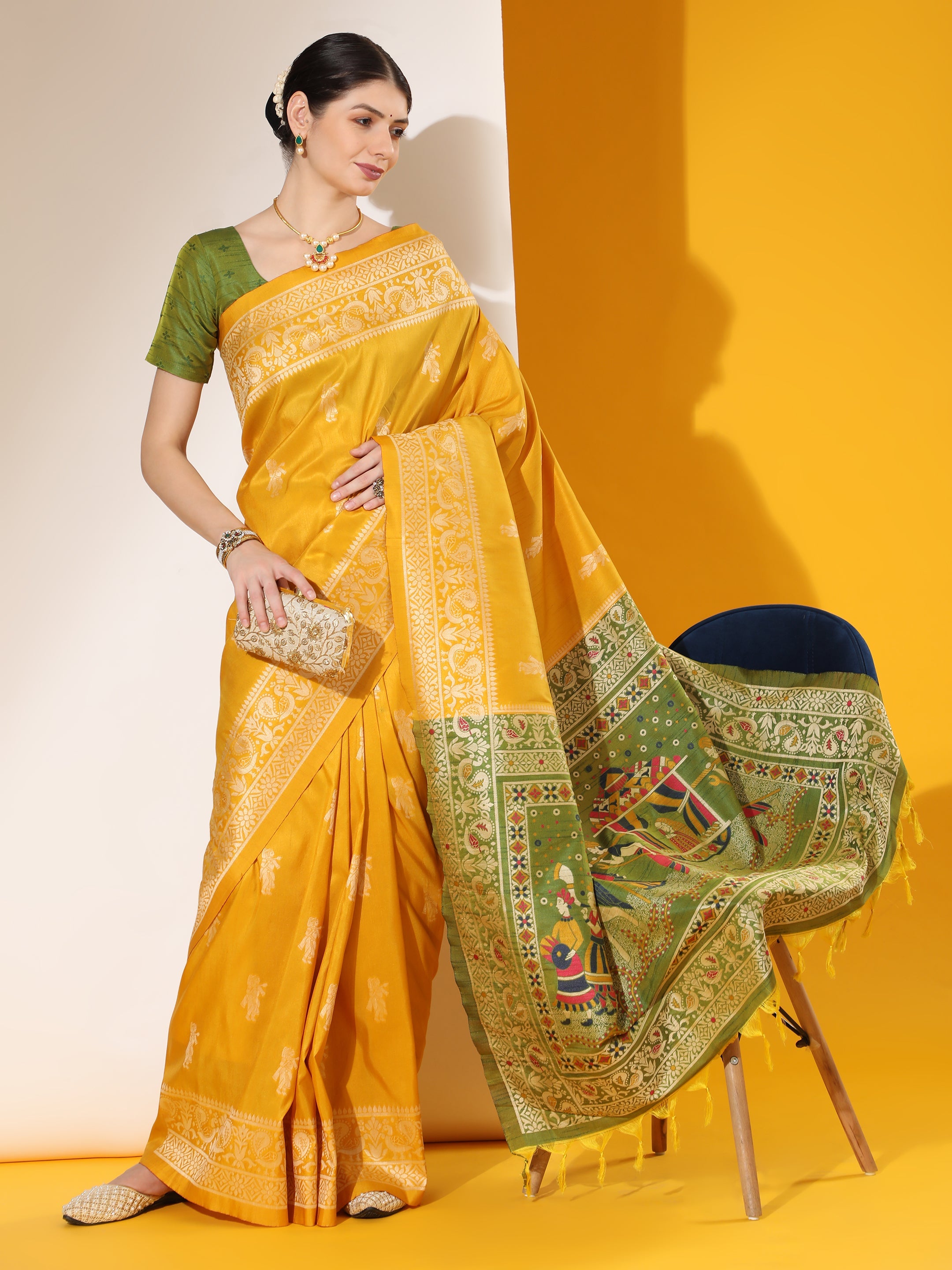 Jyoti Fashion Women's Yellow Soft Raw Silk Tow Tone Weaving Traditional Saree with Blouse