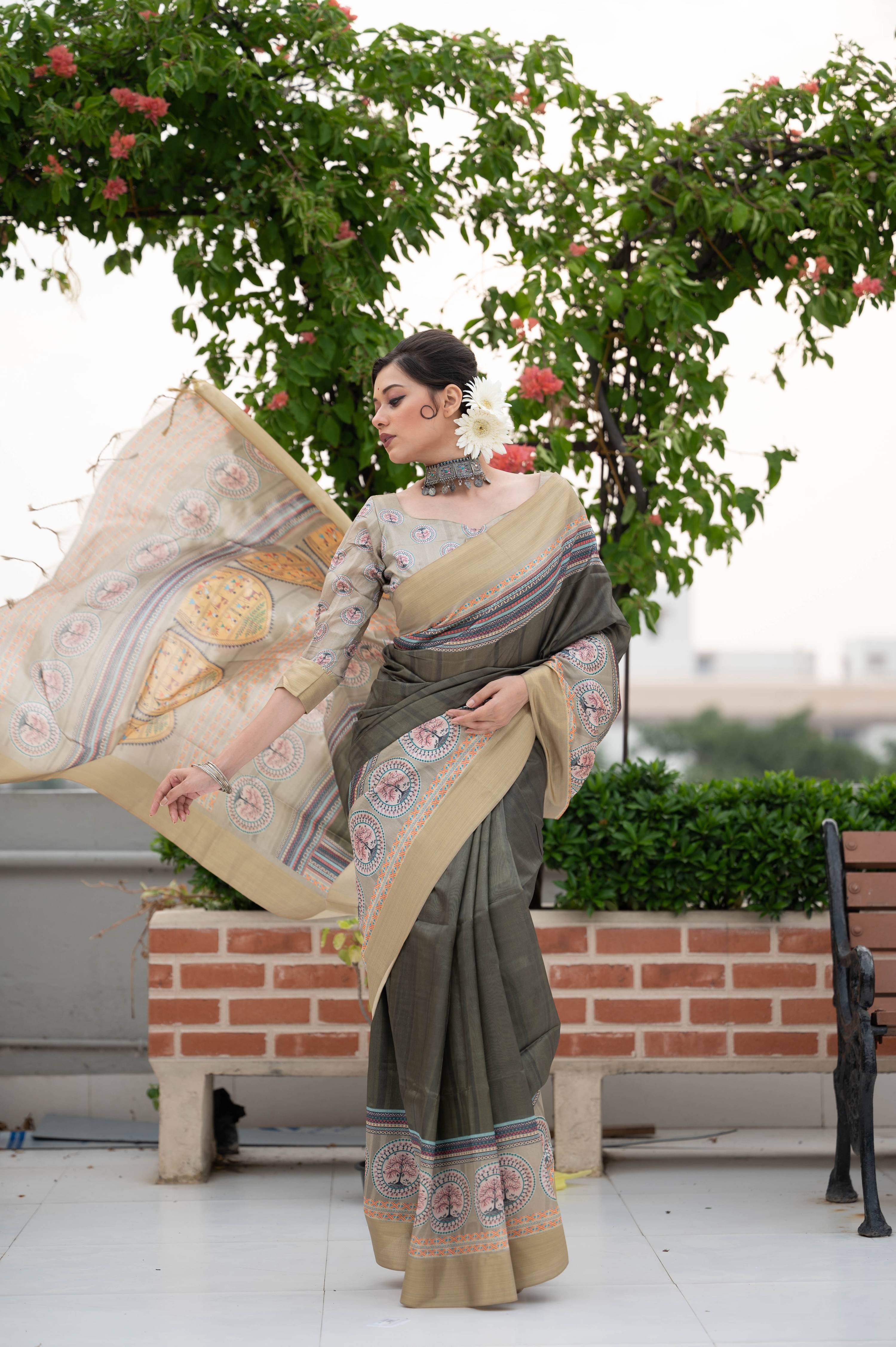 Jyoti Fashion Women's Verdun Green Soft Tussar Silk Traditional Print & Zari Border Saree with Blouse - Distacart