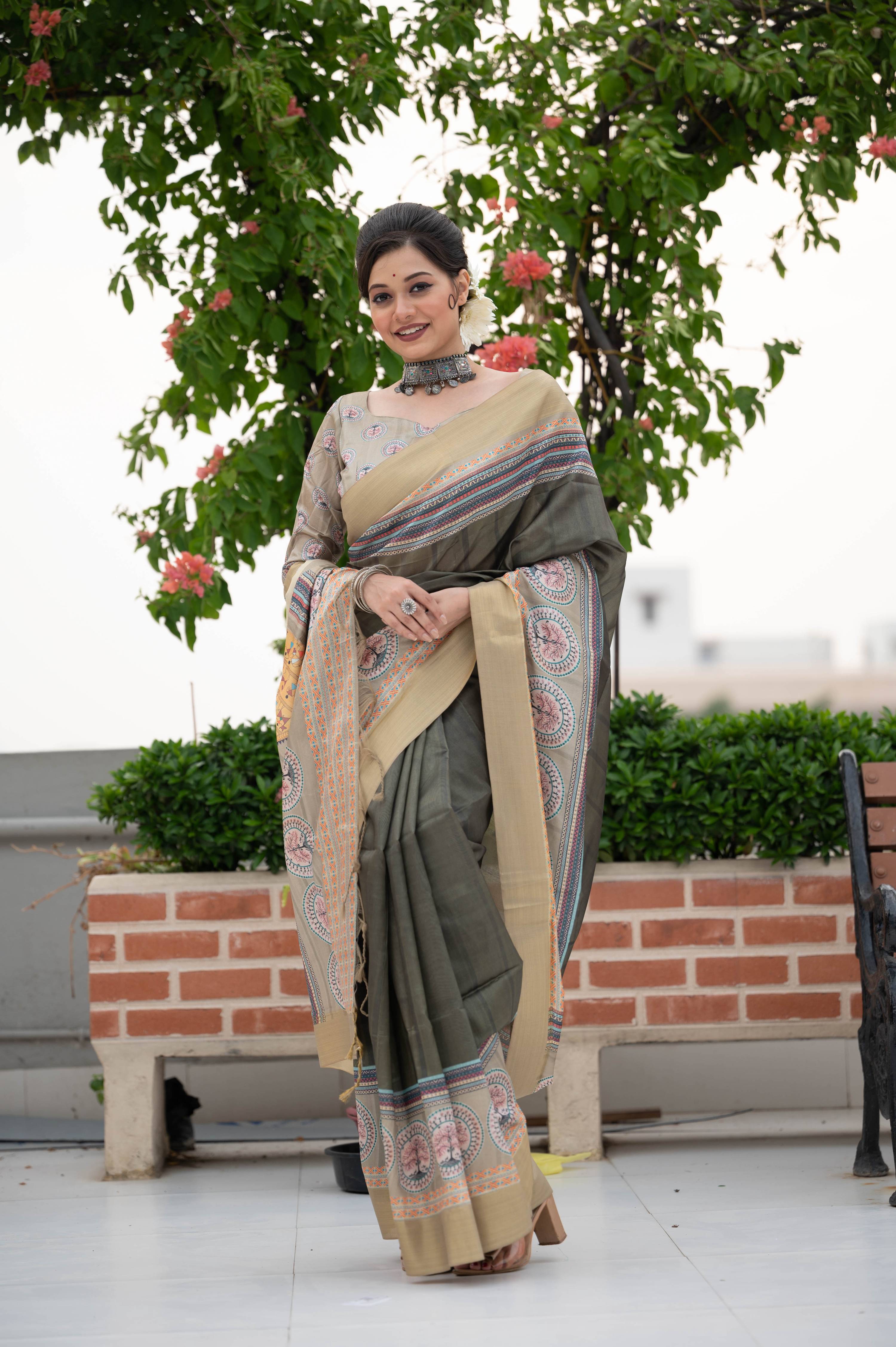 Jyoti Fashion Women's Verdun Green Soft Tussar Silk Traditional Print & Zari Border Saree with Blouse - Distacart