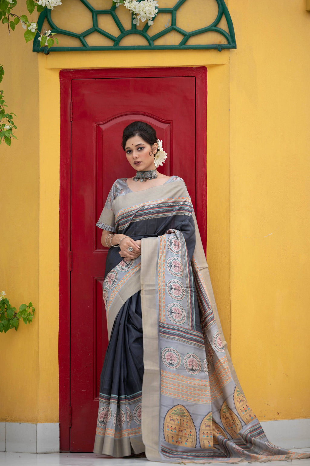 Jyoti Fashion Women's Black Soft Tussar Silk Traditional Print & Zari Border Saree with Blouse - Distacart