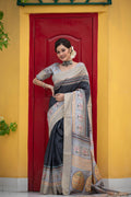 Jyoti Fashion Women's Black Soft Tussar Silk Traditional Print & Zari Border Saree with Blouse - Distacart
