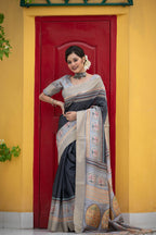 Jyoti Fashion Women's Black Soft Tussar Silk Traditional Print & Zari Border Saree with Blouse - Distacart