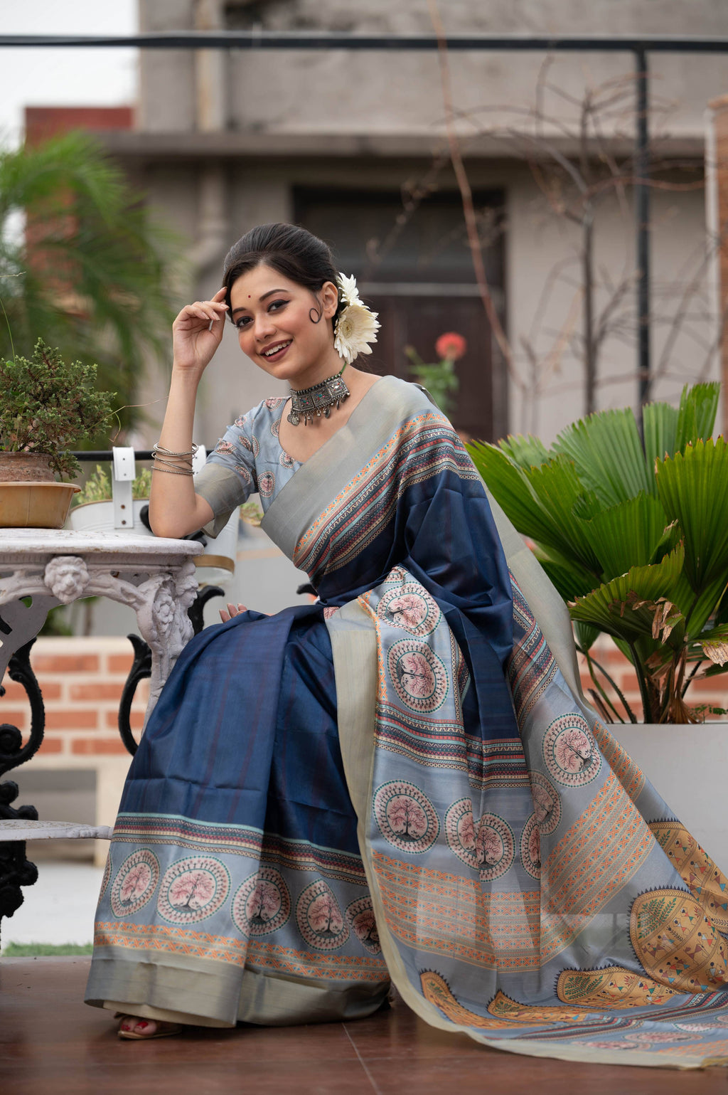 Jyoti Fashion Women's Navy Blue Soft Tussar Silk Traditional Print & Zari Border Saree with Blouse - Distacart