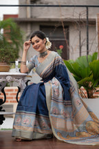 Jyoti Fashion Women's Navy Blue Soft Tussar Silk Traditional Print & Zari Border Saree with Blouse - Distacart