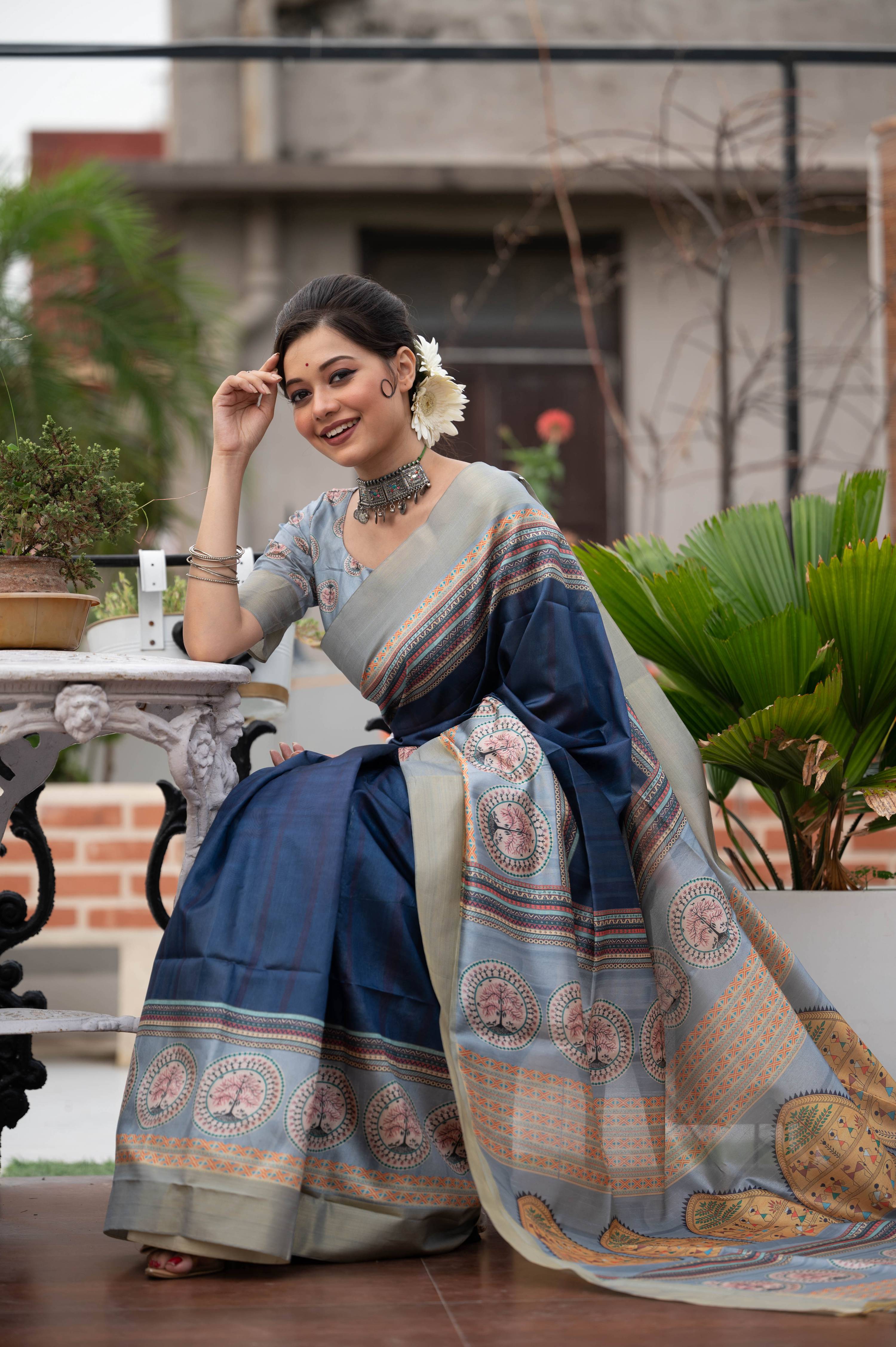 Jyoti Fashion Women's Navy Blue Soft Tussar Silk Traditional Print & Zari Border Saree with Blouse - Distacart
