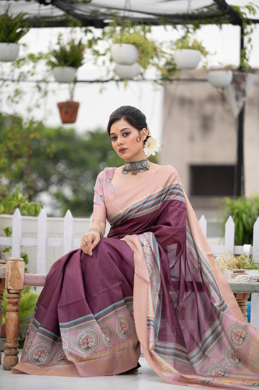 Jyoti Fashion Women's Wine Soft Tussar Silk Traditional Print & Zari Border Saree with Blouse - Distacart