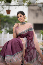Jyoti Fashion Women's Wine Soft Tussar Silk Traditional Print & Zari Border Saree with Blouse - Distacart
