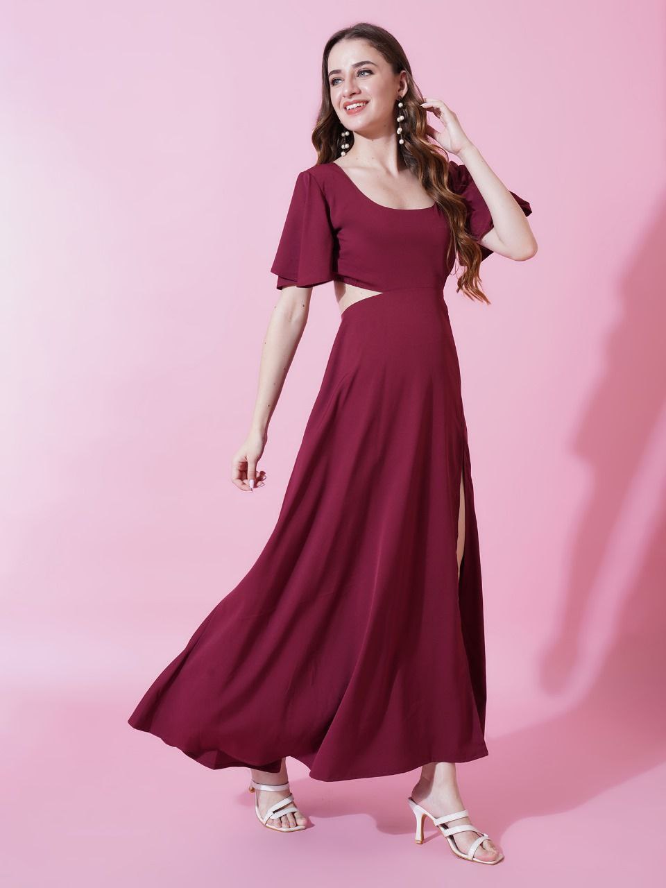 Jyoti Fashion Women's Maroon Crepe Waist Cut Flared Western Dress - Distacart