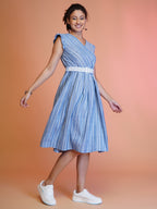 Jyoti Fashion Women's Blue Cotton Striped with Embroidered Belt Western Midi Dress - Distacart