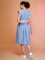 Jyoti Fashion Women's Blue Cotton Striped with Embroidered Belt Western Midi Dress - Distacart