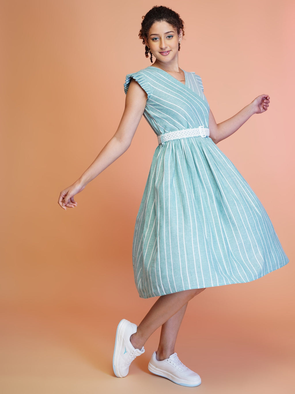 Jyoti Fashion Women's Sea Green Cotton Striped with Embroidered Belt Western Midi Dress - Distacart