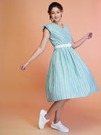 Jyoti Fashion Women's Sea Green Cotton Striped with Embroidered Belt Western Midi Dress - Distacart